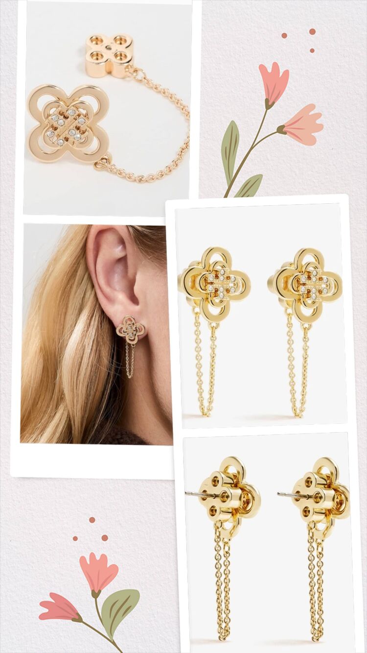 TORY BURCH Gold Clover Front Back Chain Linked Stud Earrings Pave Logo